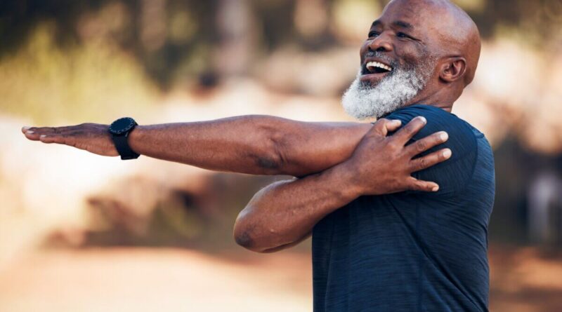 A big old man exercising and stretching