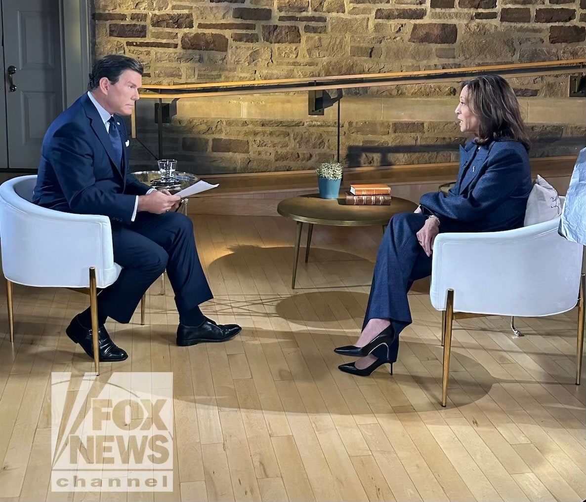 Image may contain: Bret Baier Kamala Harris Interview With Person Interview Adult Clothes High Heels And Shoes